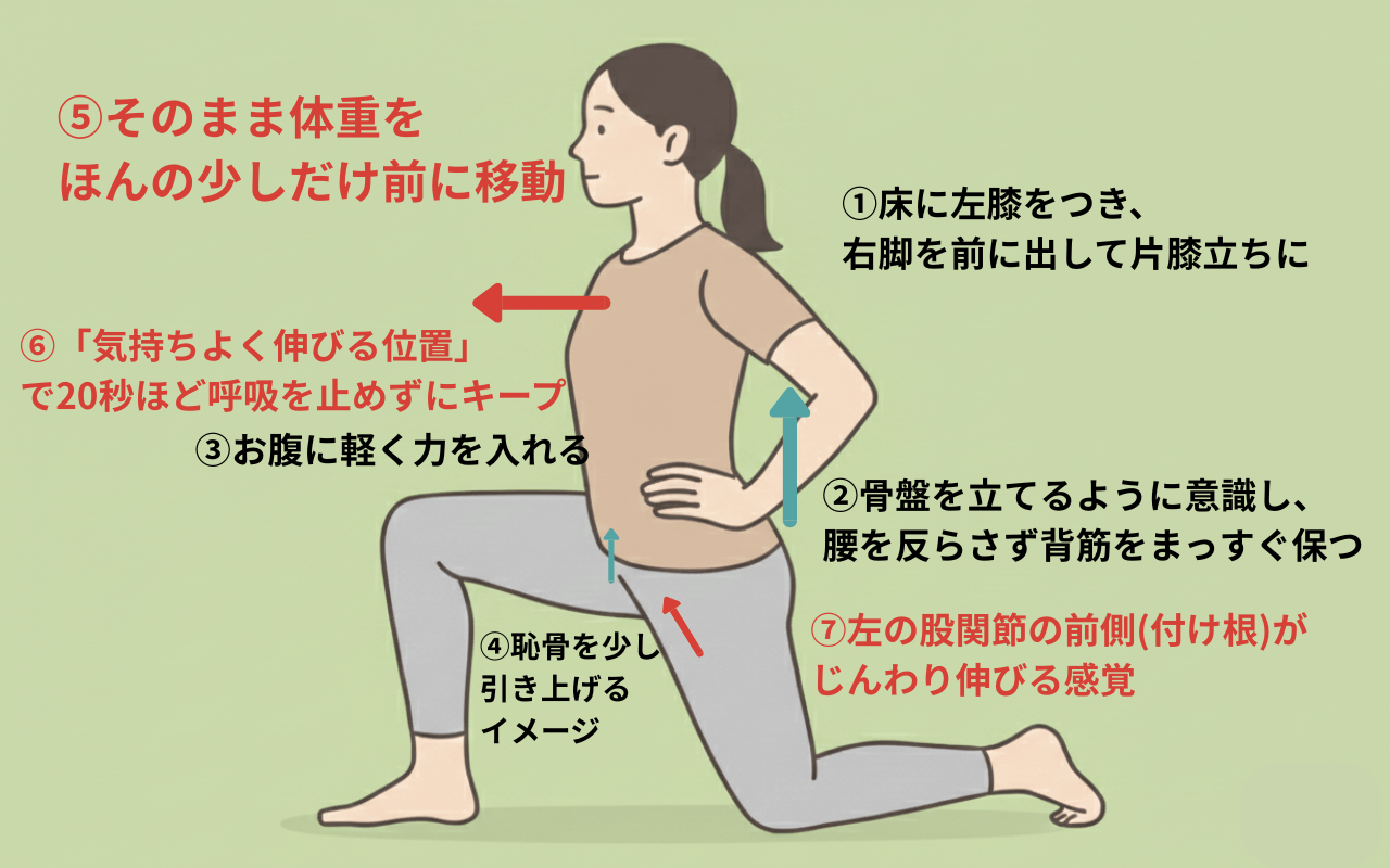 腸腰筋のストレッチ方法（片膝立ちで股関節前面を伸ばす）