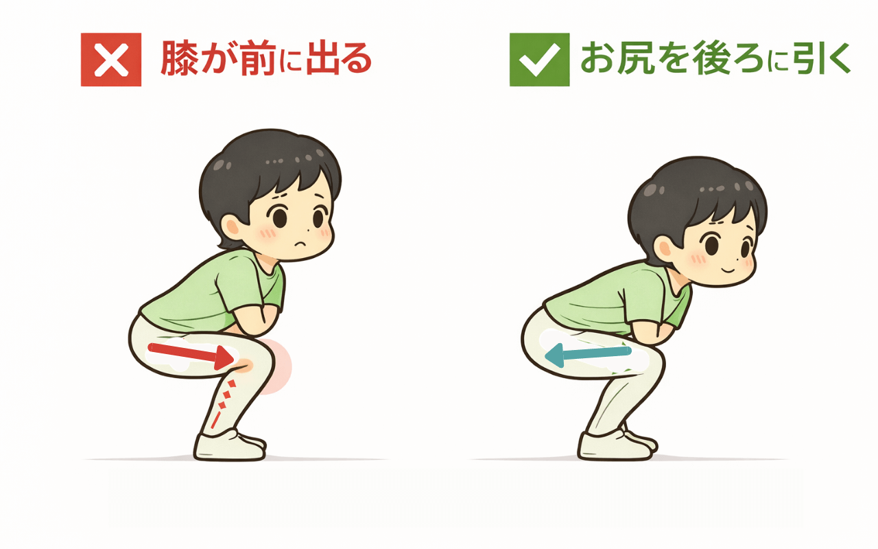 正しいしゃがみ方と間違ったしゃがみ方の比較図