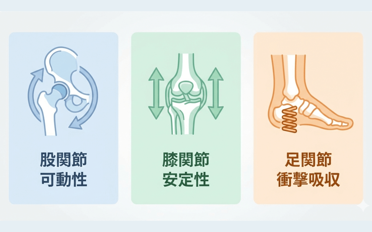 股関節・膝関節・足関節の本来の役割を示す図解