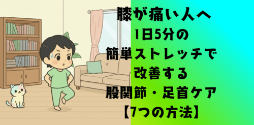 膝痛改善のための股関節・足首ストレッチを示すイラスト：下肢3関節の役割分担