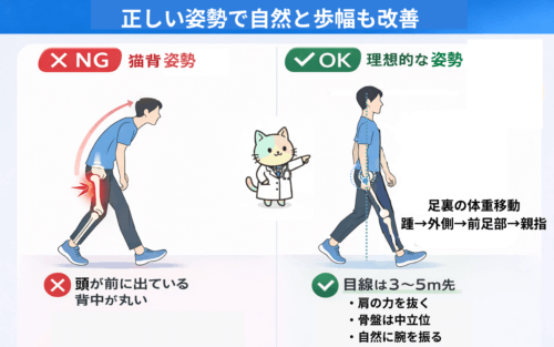 横から見た正しい歩行姿勢のイラスト（耳・肩・腰が一直線）
