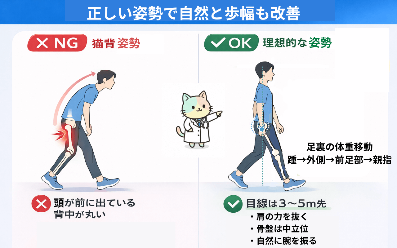 横から見た正しい歩行姿勢のイラスト(耳・肩・腰が一直線)