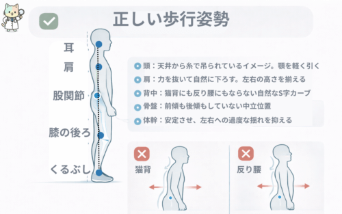 正しい歩行姿勢の横から見た図：頭・肩・骨盤・膝・足首が一直線