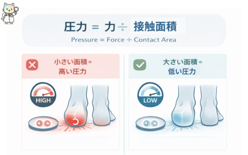 踵の接触面積と圧力分散の関係図：広い面で接地すると圧力が分散される