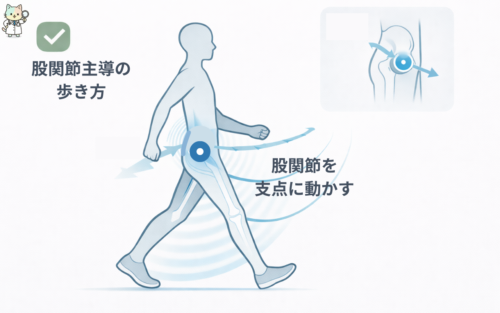 股関節主導の歩き方：股関節から脚全体を動かすイメージ図