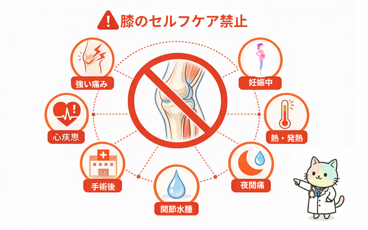 セルフケアを行ってはいけない症状の警告図:安静時痛・腫れ・発熱・夜間痛・関節水腫・術後・心疾患