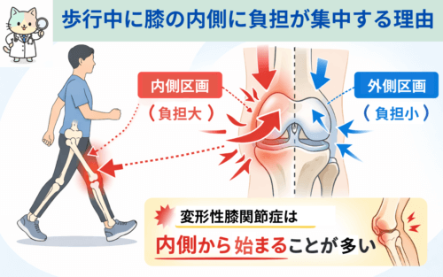 歩行中に膝の内側に力が集中するしくみを示した図