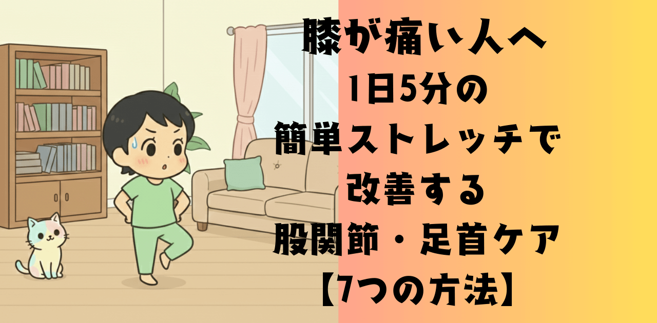 膝痛改善のための股関節・足首ストレッチを示すイラスト:下肢3関節の役割分担