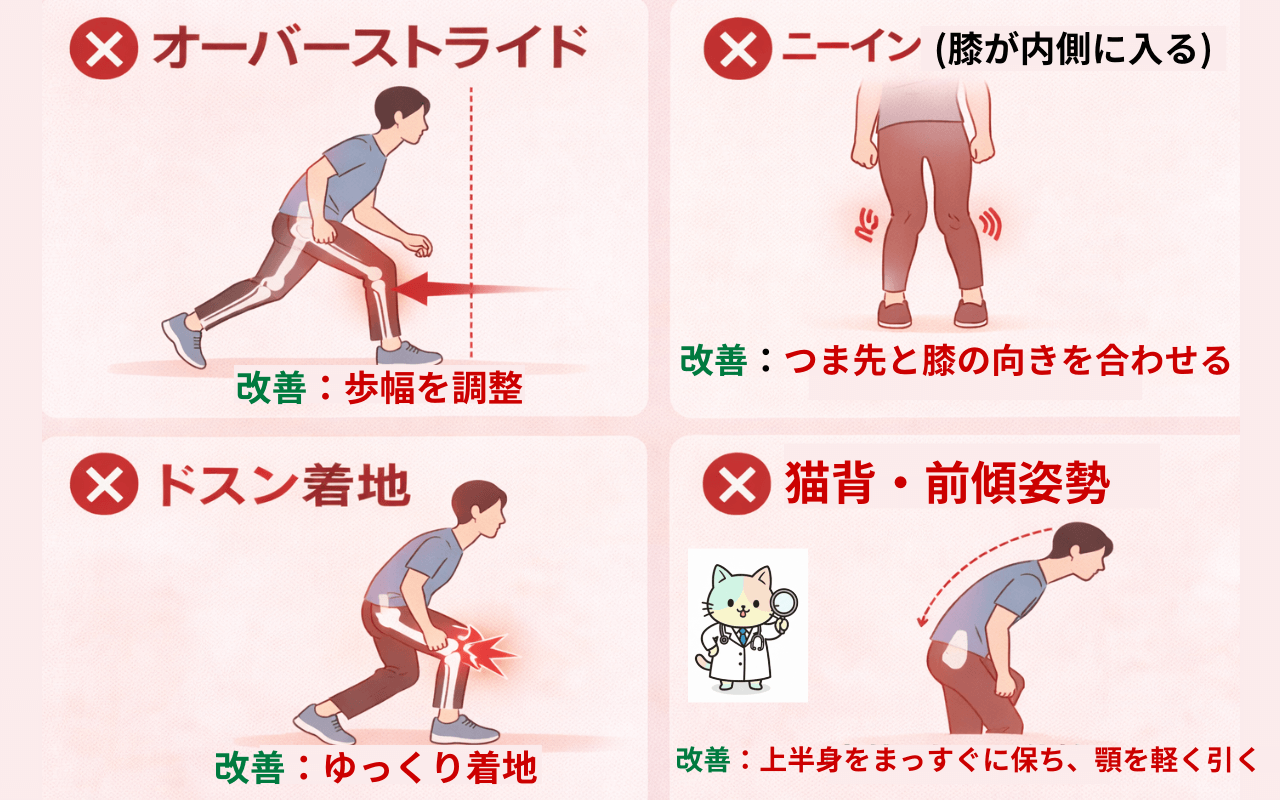 膝に負担をかけるNGな歩き方4パターン(ニーイン・オーバーストライド・強い踵着地・内向きつま先)を比較した図解
