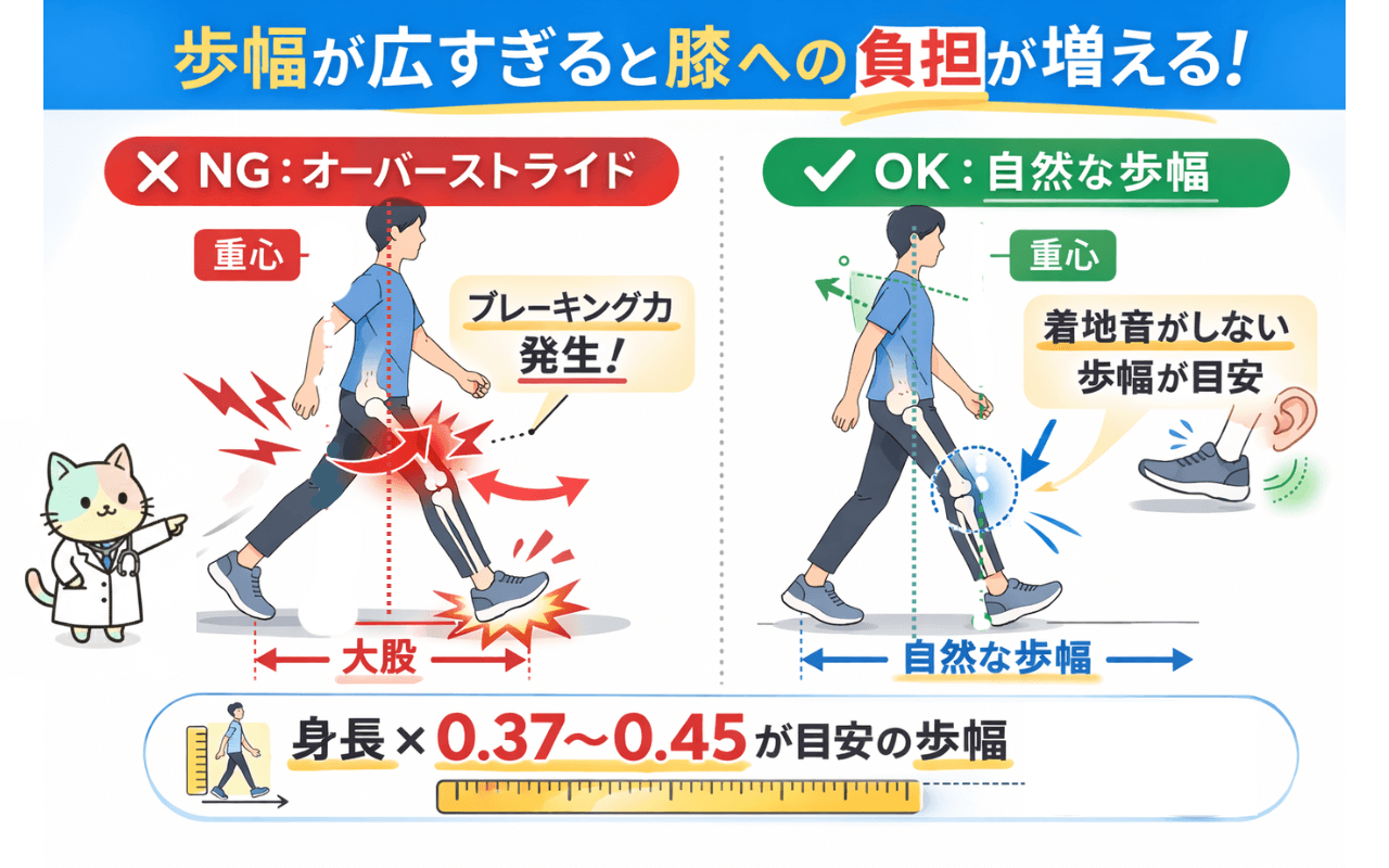 適切な歩幅とオーバーストライド(歩幅が広すぎる歩き方)の違いを示した図解