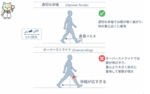適切な歩幅とオーバーストライドの比較：自然な歩幅が膝を守る
