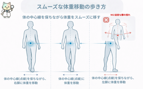 スムーズな体重移動の歩き方：体の中心線を保ちながら左右に均等に移動