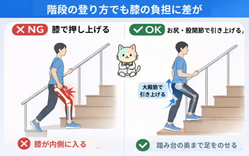 股関節の筋肉を使った階段の正しい上り方を示した図解