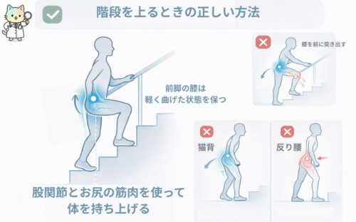 階段を上るときの正しい方法：股関節とお尻の筋肉を使って体を持ち上げる
