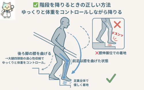 階段を下りるときの正しい方法：ゆっくりと体重をコントロールしながら降りる