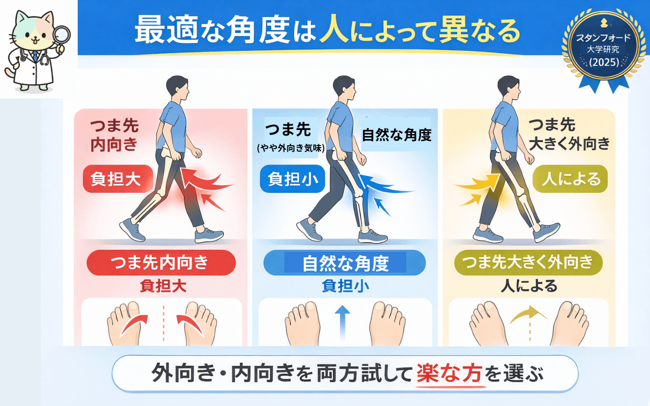 つま先を外向き・内向きにした時の膝への負担の違いを示した図解