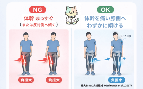 歩行中に体幹を痛みのある膝の側に傾けた時の効果を示した図解