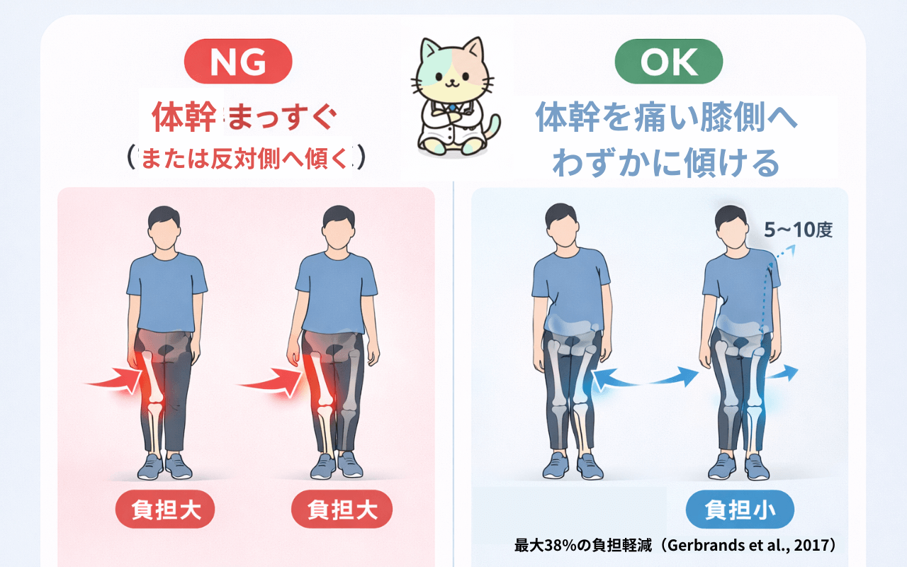 歩行中に体幹を痛みのある膝の側に傾けた時の効果を示した図解