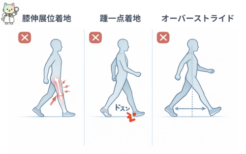 膝痛を引き起こす間違った歩き方のパターン：膝が伸びきった着地、狭い接触面での衝撃、猫背姿勢